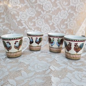 4 Rooster mugs Something to Crow About Debbie Mumm Sakura Oneida 12 oz Country